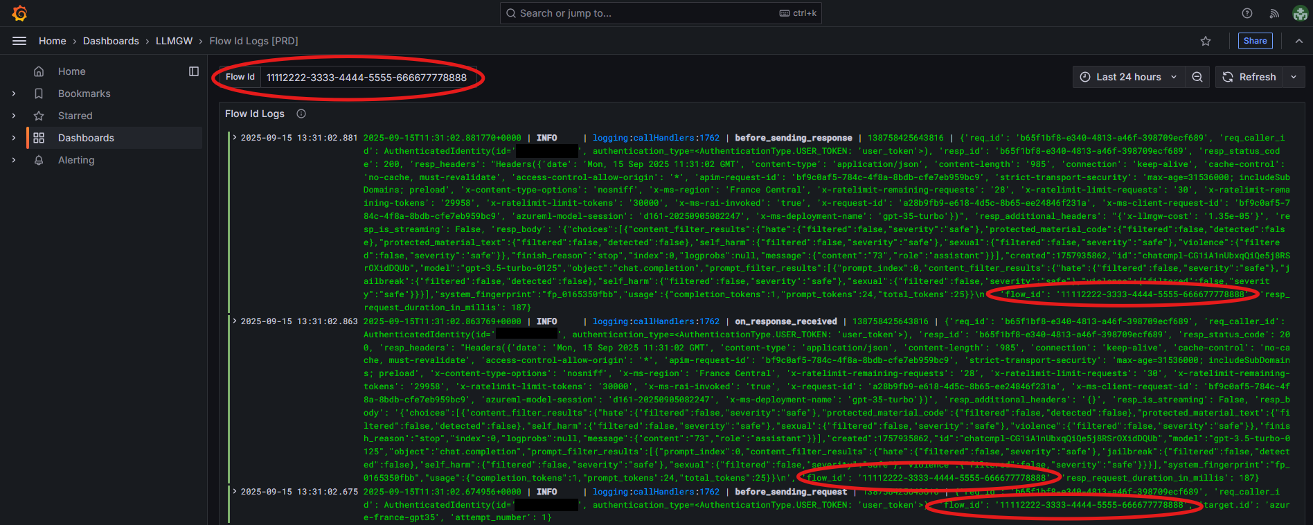 Flow-ID Logs Dashboard - Filtered View
