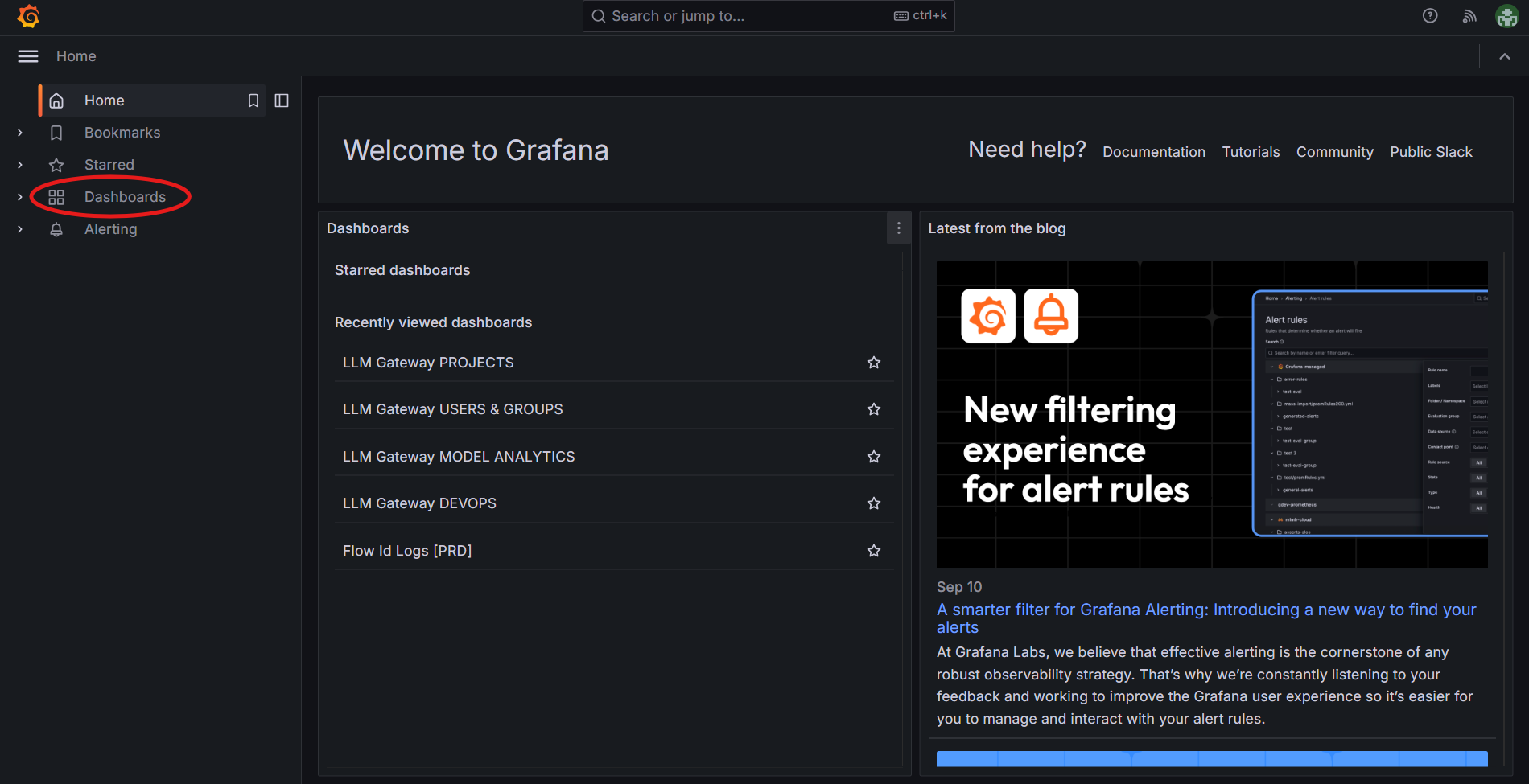 Grafana Home page