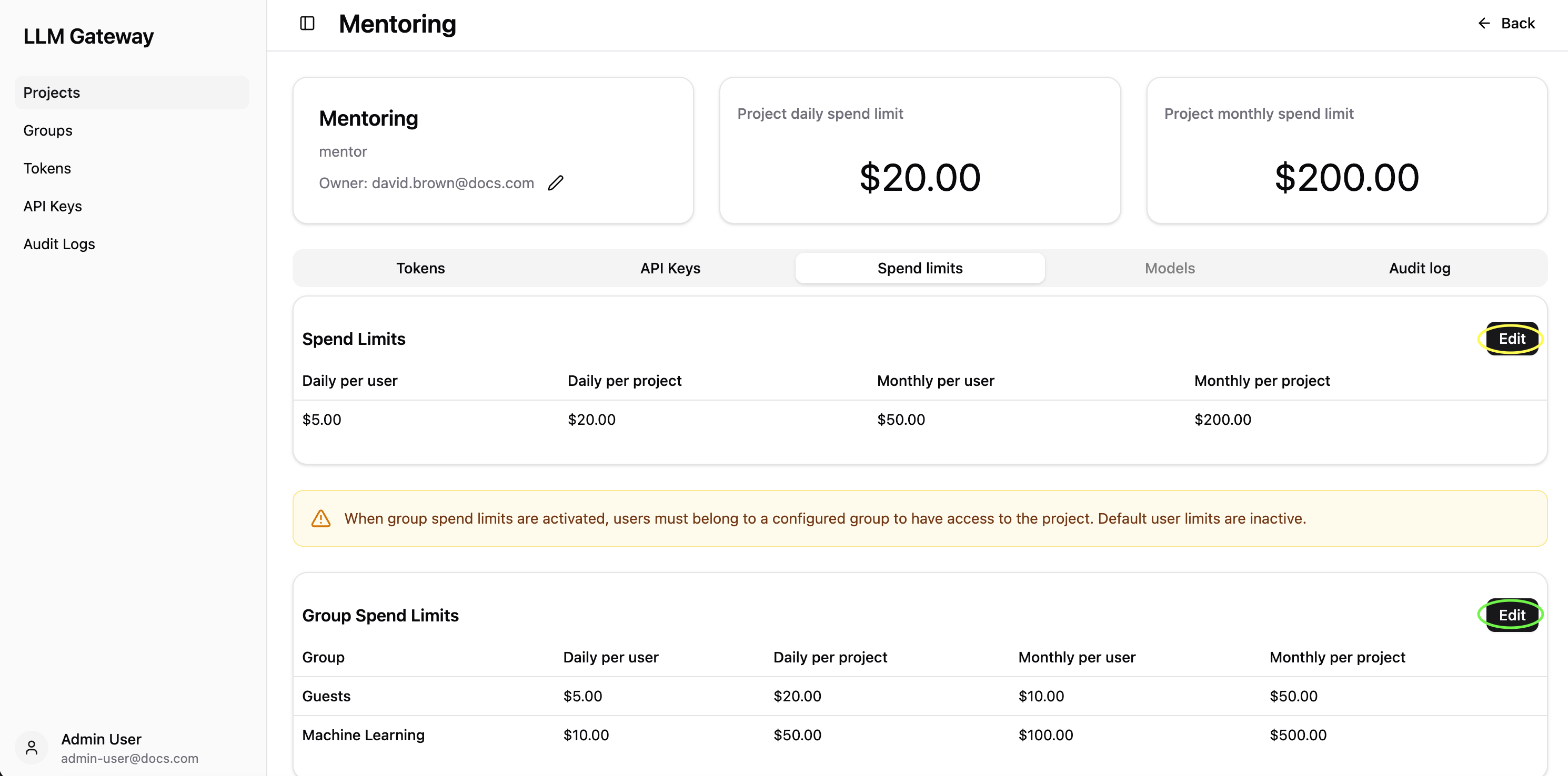 Spend Limits for Project