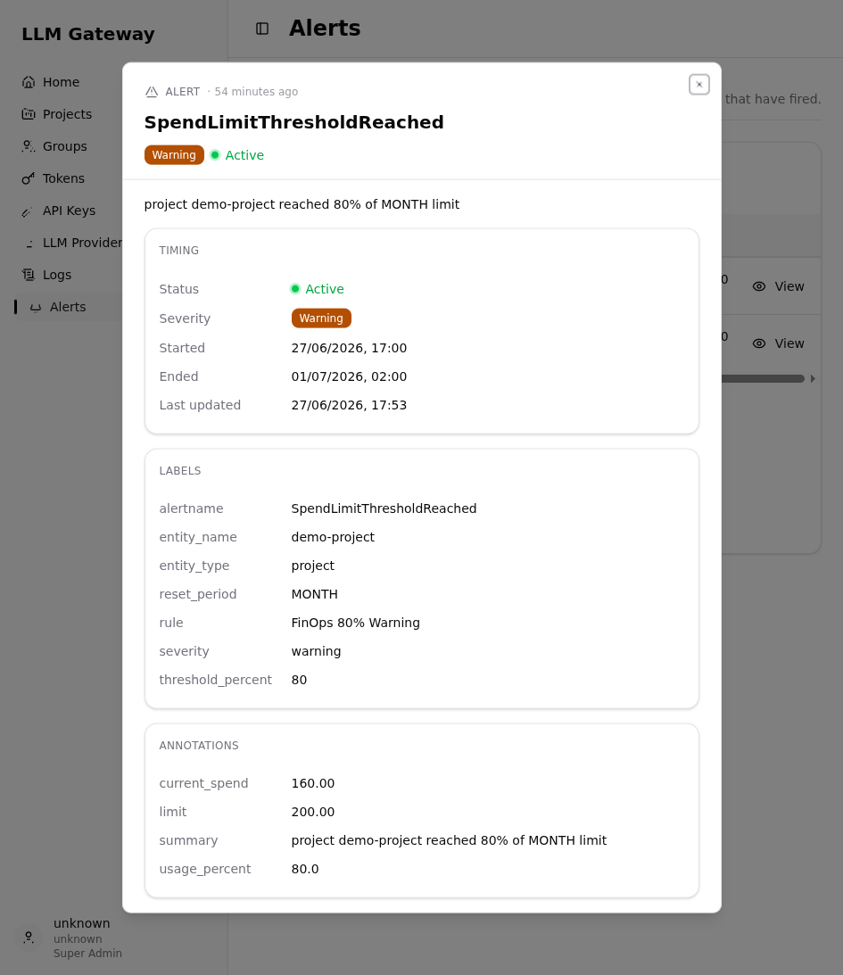 Alert detail dialog showing labels and annotations