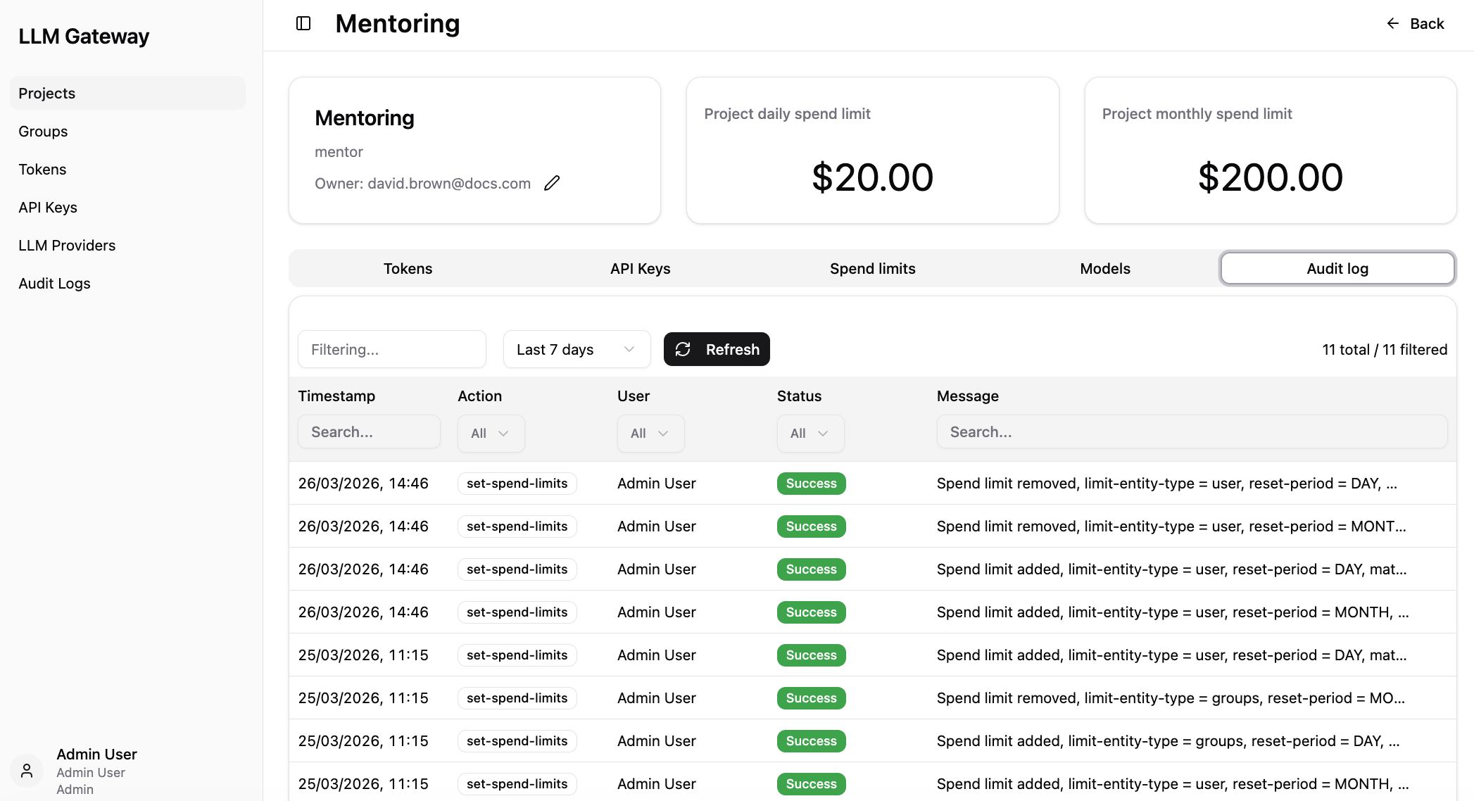 Audit Logs for Selected Project