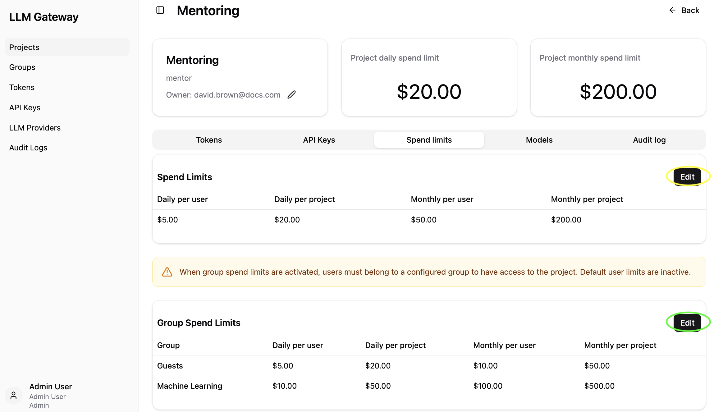 Spend Limits for Project